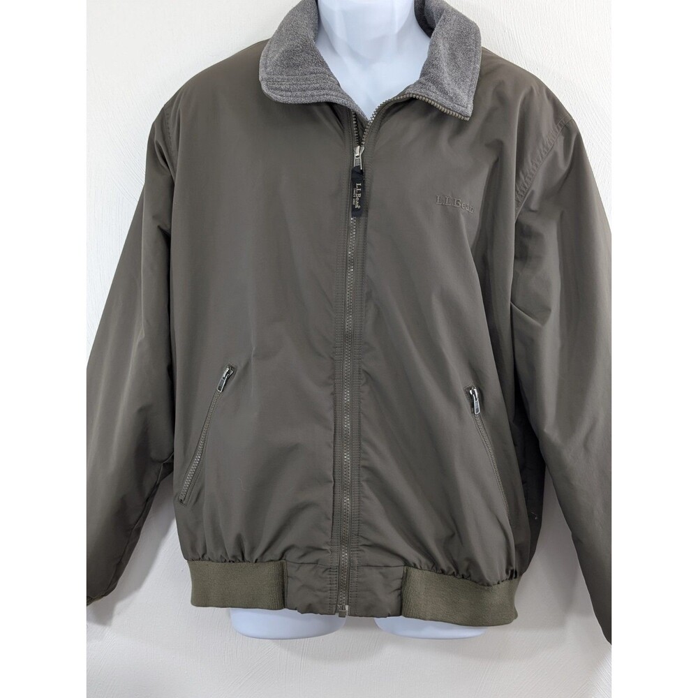 Vintage LL Bean Mens Warm-Up Jacket Med Olive Taupe Brown Fleece Lined *FLAW*